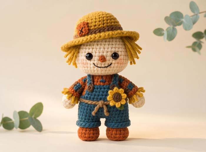 A crocheted scarecrow doll stands centered against a warm cream background with soft eucalyptus leaves in the corners. The doll has a yellow straw hat, cream face and hands, blue overalls, orange-brown shoes and sleeves, and a yellow sunflower on its belt.