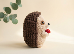 A crocheted hedgehog toy holding a small red strawberry, photographed on a warm cream background with a soft leafy branch in the upper left.