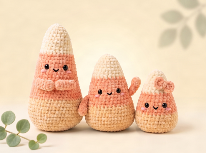 Three cute crocheted candy corn dolls in different sizes, arranged on a soft beige background with subtle leaf shadows and eucalyptus sprigs.
