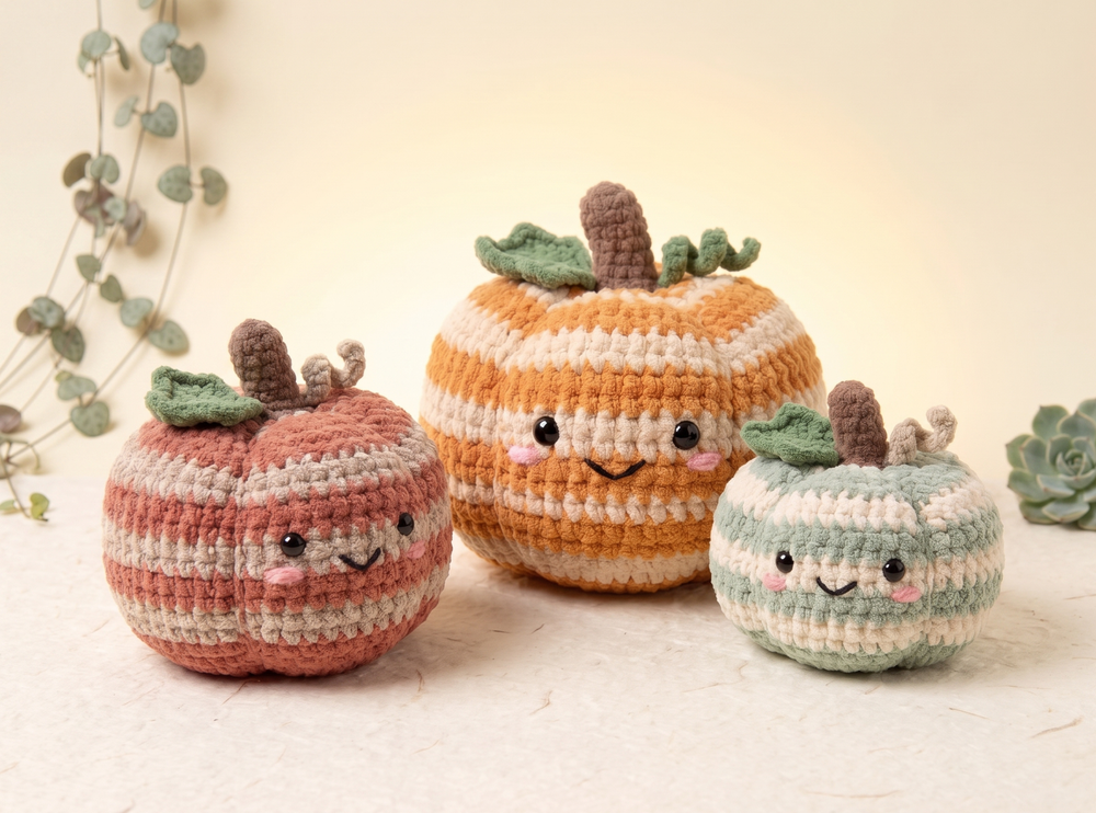 Three cute crocheted plush pumpkins with embroidered faces are arranged on a light beige surface against a soft cream background. The largest pumpkin is orange and cream striped, the left one is pink and cream striped, and the right one is mint green and cream striped.