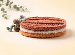 Three round braided rope coasters stacked on top of each other, featuring rust red, cream, and mustard yellow colors, styled with a small green succulent on a warm beige background.