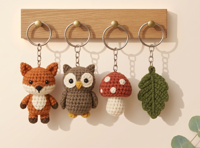 Three crochet keychains on silver rings — an orange fox, a taupe owl and a red spotted mushroom.