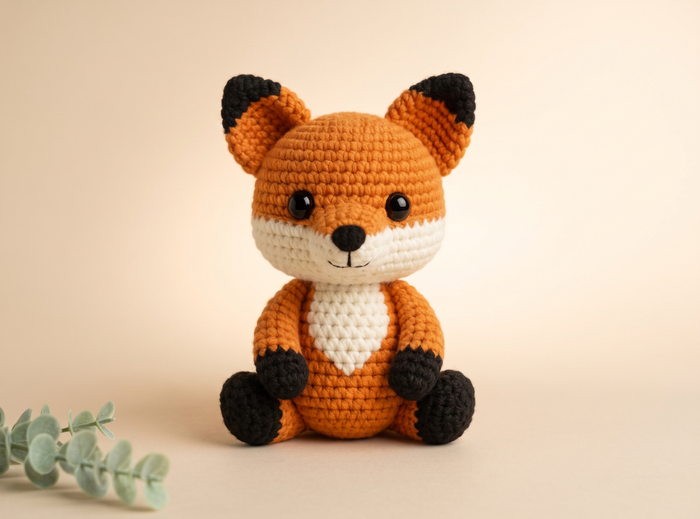 A crocheted fox toy with orange, white, and black colors, sitting on a beige background with a small green eucalyptus sprig in the bottom left corner.