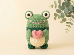 A crocheted green frog plush toy holding a pink heart, standing against a warm beige background with a soft-focus eucalyptus branch in the upper right corner.