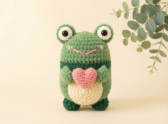 A crocheted green frog plush toy holding a pink heart, standing against a warm beige background with a soft-focus eucalyptus branch in the upper right corner.