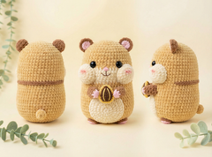 Three crocheted hamster toys in a warm beige and cream color palette, arranged on a soft cream background with decorative green leaves. The center hamster holds a small nut, while the others show different angles.