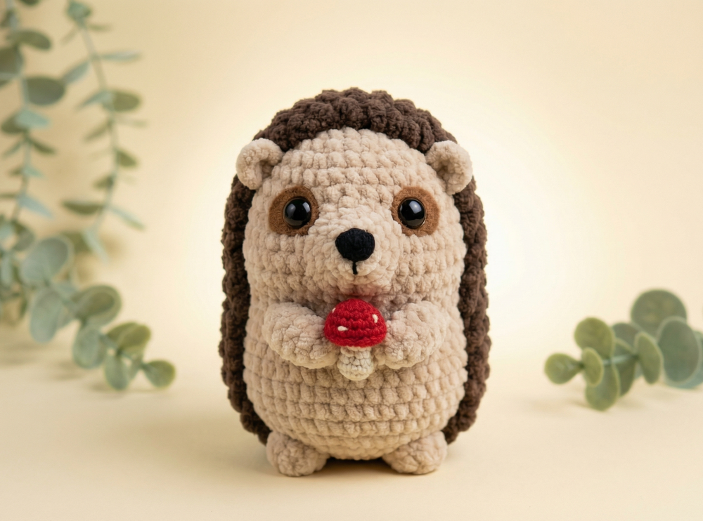 A crocheted hedgehog toy holding a red mushroom, centered against a warm beige background with soft green eucalyptus leaves in the corners.