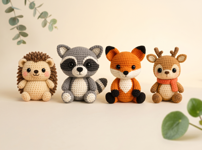 Four crocheted animal plush toys arranged side by side on a light beige surface: a hedgehog, raccoon, fox, and deer. The scene is styled with soft green leaves in the corners.