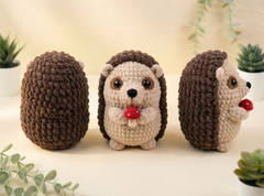 Three crocheted hedgehog toys are displayed on a light beige surface with small potted succulents in the background. The center hedgehog faces forward holding a red mushroom, while the left and right hedgehogs show side/back views.