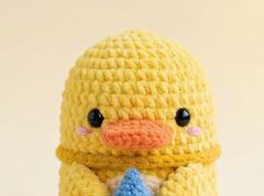 A close-up of a yellow crocheted duck character with a peach-orange beak, black bead eyes, pink cheek details, and a small blue bow at the bottom, set against a soft cream background.