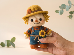 A crocheted scarecrow doll being held in a person's hand against a warm beige background with soft eucalyptus leaves in the corners. The doll has a yellow hat, yellow hair, a peach face, blue overalls, and orange shoes, and holds a small yellow sunflower.