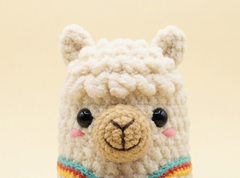 A close-up of a crocheted alpaca or llama toy head with fluffy cream yarn, a tan stitched snout, black bead eyes, pink stitched cheeks, and a small multicolor striped band at the bottom, set against a soft beige background.