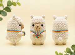 Three crocheted alpaca plush toys shown from different angles on a soft cream background with decorative green leaves in the corners. The center alpaca faces forward and holds a small multicolored crocheted flower, while the left and right figures show the back and side views.