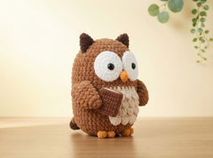 A crocheted owl toy holding a small book, sitting on a wooden surface against a warm beige background with a hanging green plant in the corner.