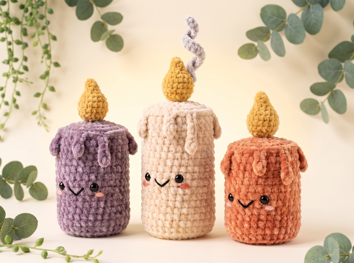Three cute crocheted candle-shaped plush toys with embroidered smiling faces are arranged on a light cream surface with green eucalyptus leaves around them. The candles are in purple, cream, and terracotta orange, each with a yellow flame on top.