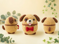 Three crocheted plush dog toys in beige and brown, shown from front, side, and back views on a warm cream background with decorative green leaves.