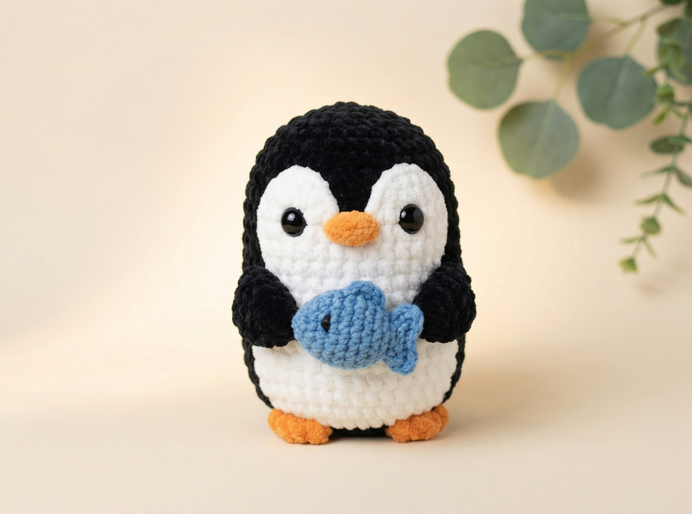 A crocheted penguin toy holding a small blue fish, photographed against a warm beige background with soft green leaves in the upper right corner.