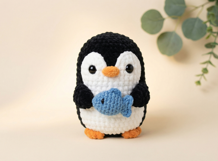A crocheted penguin toy holding a small blue fish, photographed against a warm beige background with soft green leaves in the upper right corner.