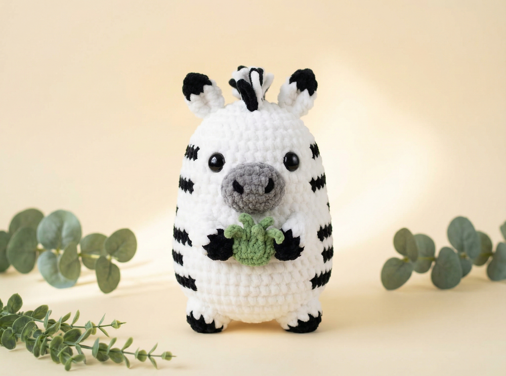 A crocheted zebra plush toy holding a small green leaf, standing against a warm beige background with decorative eucalyptus leaves on either side.