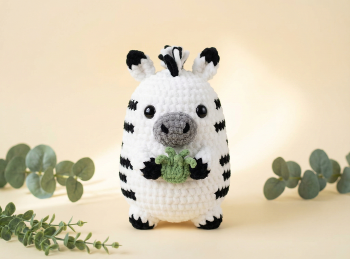 A crocheted zebra plush toy holding a small green leaf, standing against a warm beige background with decorative eucalyptus leaves on either side.
